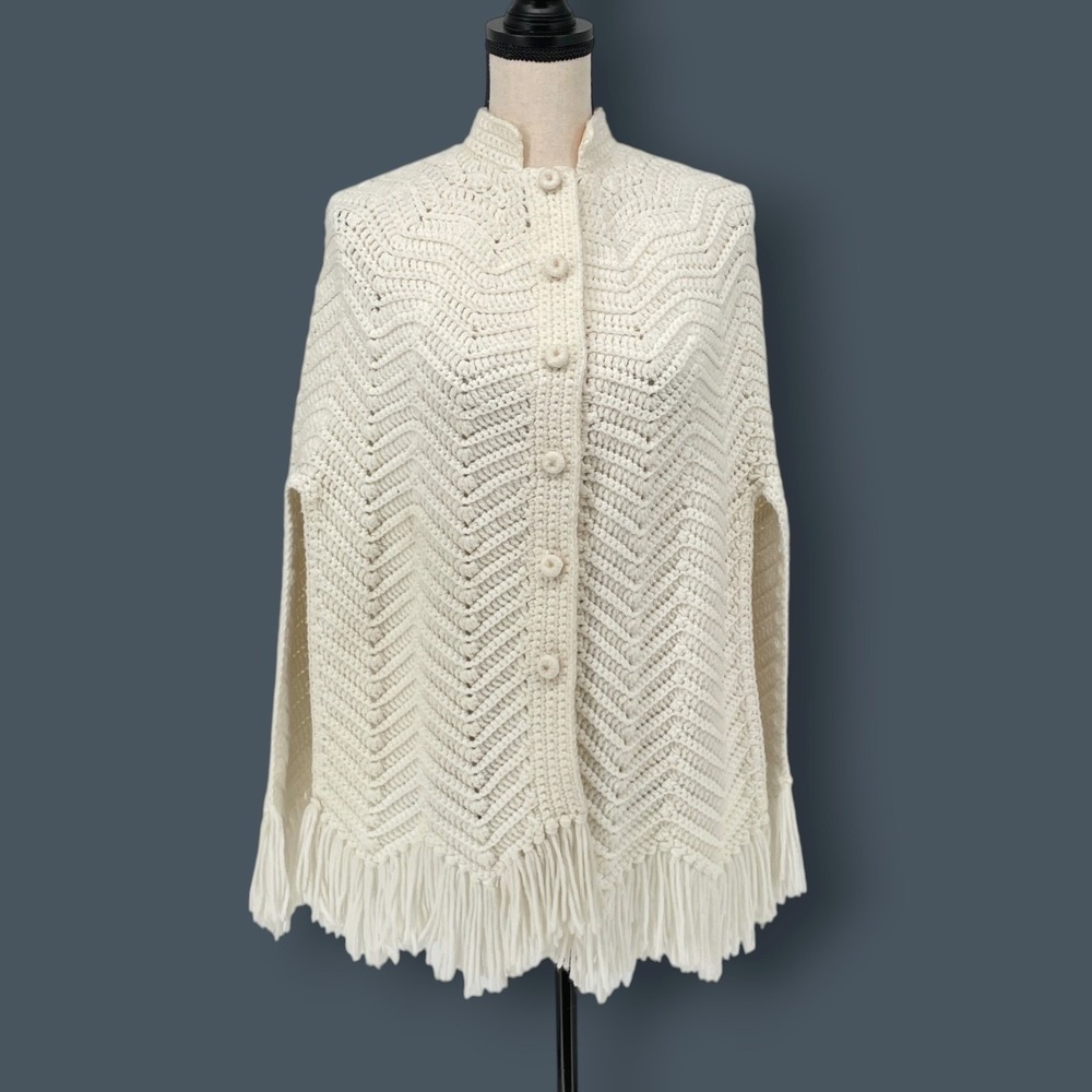 Handmade Cream Crochet Chevron Fringe Poncho Mock Neck Button Front Cape Women L